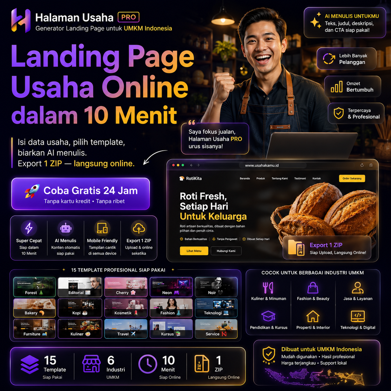 Tampilan desain landing page Halaman Usaha PRO untuk UMKM Indonesia